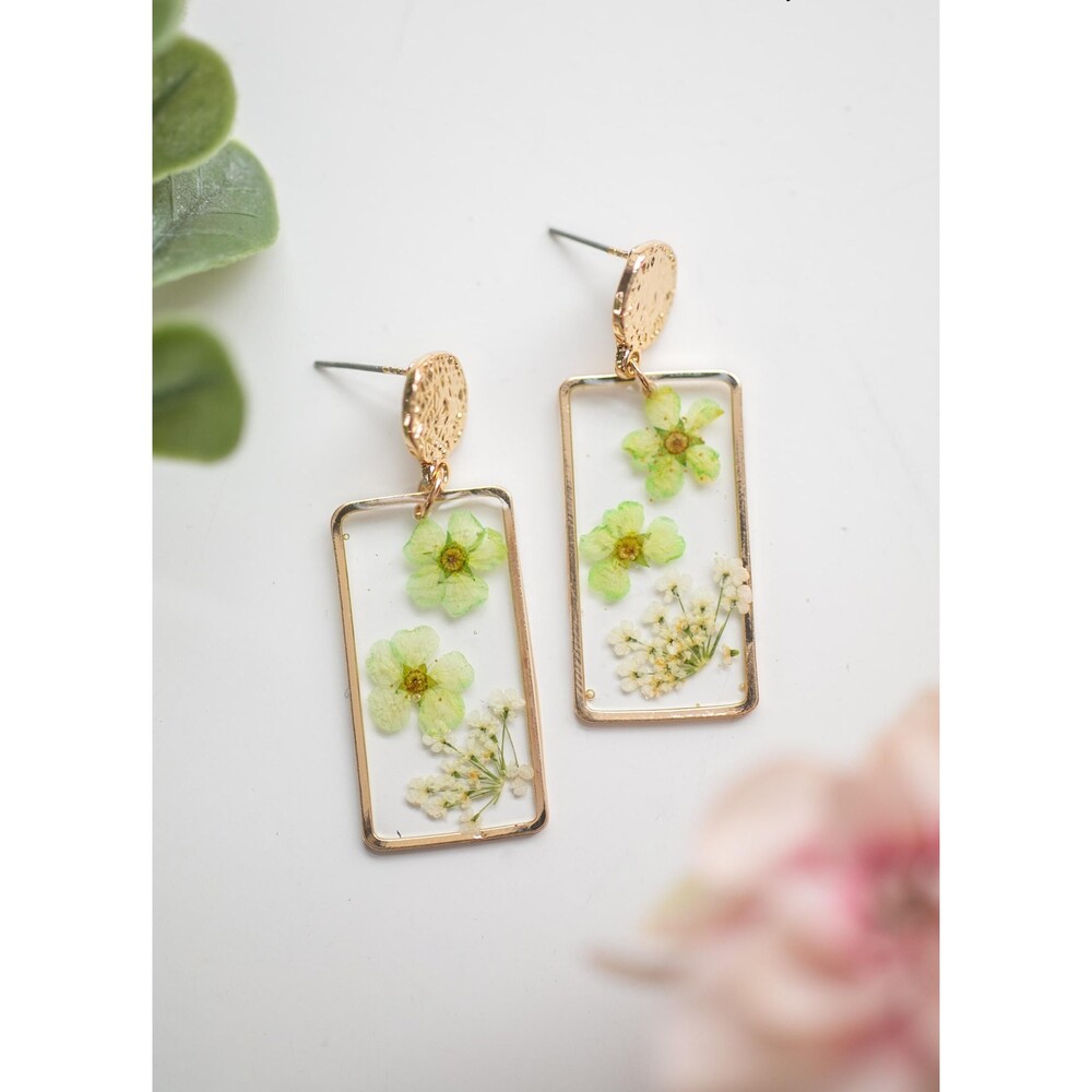 Green Pressed Floral Resin Earrings | Gold Rectangle Botanical Jewelry